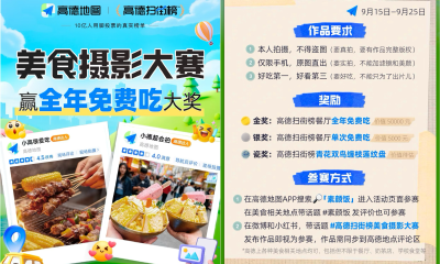 高德扫街榜举办美食摄影大赛，金奖奖品为上榜餐厅全年免费吃